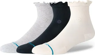 Stance Ruffle Icon Assorted 3-Pack Quarter Socks in Black/grey/ivory at Nordstrom, Size Medium