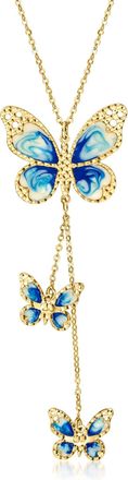 Ross-Simons Italian Blue and Cream Enamel Butterfly Necklace in 10kt Yellow Gold