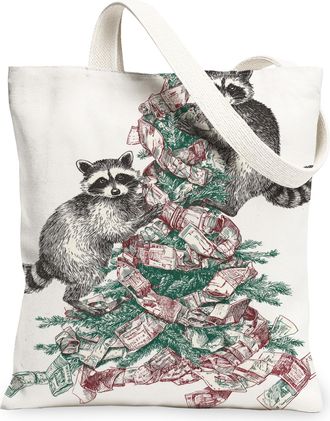 Generic Christmas Raccoon Canvas Tote Bags, Cute Animal Tree Pattern Reusable Grocery Bags, Holiday Vintage Lightweight Washable Sh, White, 13x15 Inch