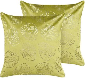 Beliani Conjunto De 2 Cojines De Terciopelo Verde Claro Dorado 45 X 45 Cm Patr&oacute;n Hojas Deliciosa