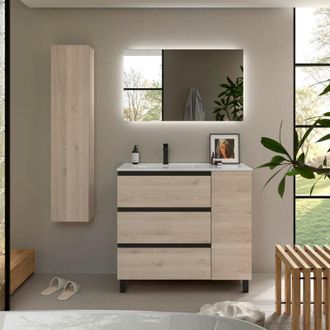 Cygnus Bath Mueble De Ba&ntilde;o Bequia Plus Metal 3c 90cm Natural Lavabo Porcelana Grifo Izquierda