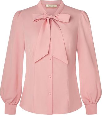 Belle Poque Womens Vintage Bow-Knot Shirts Long Sleeve Button Down Work Office Collared Blouse Shirt Pink