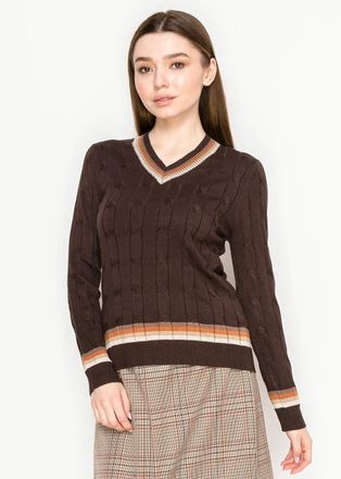 YAL New York Striped-Trim Brown Knit Top with V-Neck