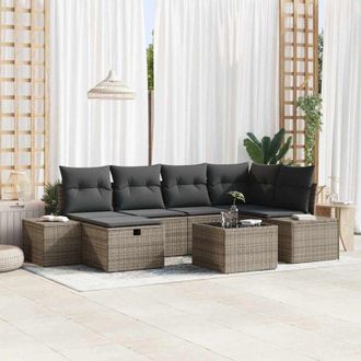vidaXL Vidaxl - Conjunto De Sof&aacute; De Jard&iacute;n Con Coj&iacute;n 7 Pcs Gris Polirat&aacute;n