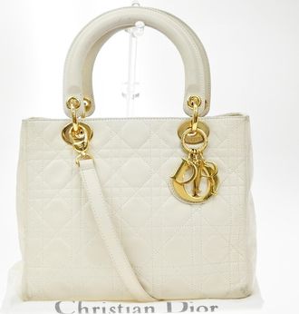 Dior Lady Dior Cannage Quilt Leather White Leather Handbag (Pre-Owned)