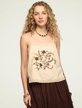 Lucky Brand Womens Floral Contrast Embroidered Tank