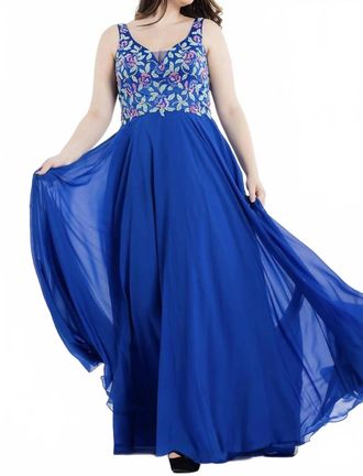 Rachel Allan Floral Embroidered V-Neck Evening Gown In Royal Blue