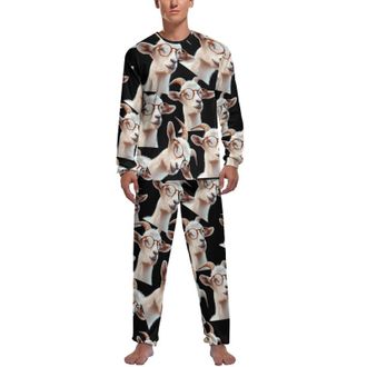 Generic Goat With Glasses Mens Pajamas Sets Crewneck Long Sleeve Pjs Tops Pants Soft Comfy Sleepwear