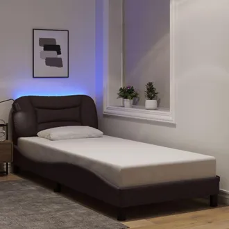 vidaXL Estructura De Cama Con Led Sin Colch&oacute;n Hvar Tela Marr&oacute;n Oscuro 90x190 Cm Vidaxl