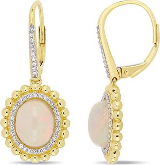 Mimi & Max 4 CT TGW Oval-Cut Ethiopian Opal and 1/4 CT TW Diamond Leverback Earrings in 14K Yellow Gold