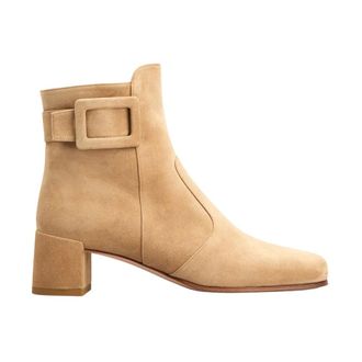 Roger Vivier Heeled Boots, female, Beige, Size: 9 1/2 US Tres Vivier Suede Buckle Ankle Bootie