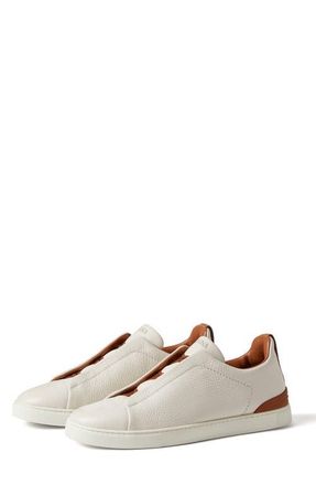 Ermenegildo Zegna Triple Stitch Deerskin Leather Slip-On Sneaker in White/Folliage at Nordstrom, Size 10.5Us