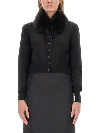 Sportmax Cropped Black Cardigan With Plush Fur Collar