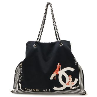 Chanel Black Red Color White Canvas Shoulder Bag Tote Bag (Pre-Owned)