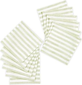 Solino Home Linen Cocktail Napkins Set of 12, 6 x 6 Inch for Dining Table, Holiday and Everyday Table Decor - Amalfi Stripe in Sage And White at