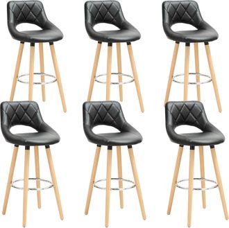 Woltu Woltu - Juego De 6 Taburetes De Bar, Piel Sint&eacute;tica Y Madera Maciza Con Respaldo Y Reposapi&eacute;s 43x43x91cm Negro