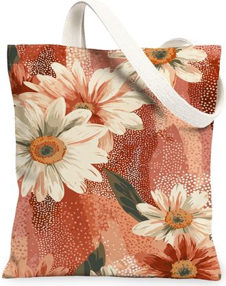 Generic Floral Canvas Tote Bags, Elegant Flower Pattern Reusable Grocery Bags, Autumn Vintage Lightweight Washable Shoulder Strap C, Peach, 13x15 Inch