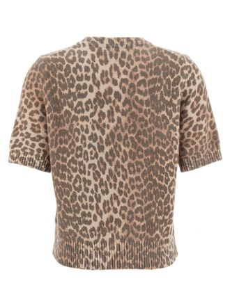 Ganni Leopard Jacquard Wool Mix T-Shirt - Beige
