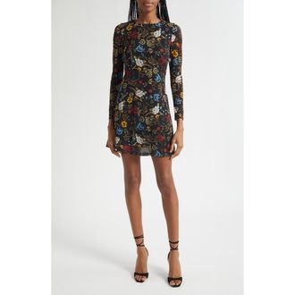 Alice & Olivia Delora Floral Long Sleeve Mesh Minidress in Tapestry Trails Sm Black at Nordstrom Rack, Size 10