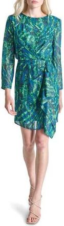DKNY Long Sleeve Side Drape Dress in Black/Blue/Green at Nordstrom Rack, Size 12