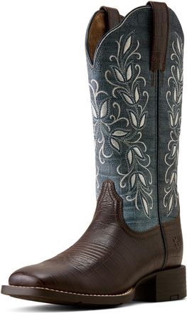 Ariat Womens Round Up Holly Wide Square Toe Western Boots in Chocolate Croc Print Denim Croc Print, B Medium Width, Size 7.5, by Ariat