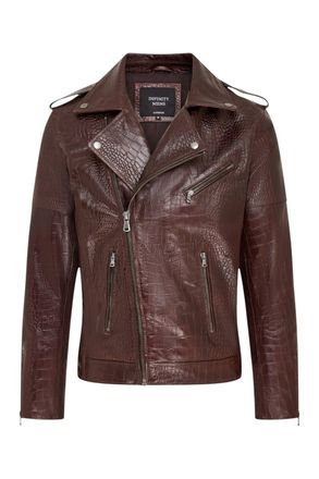 Infinity Leather Mens Brown Cow Leather Alligator Print Embossed Biker Jacket - Rot