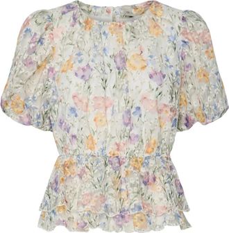 Y.A.S Bloemen Pofmouw Peplum Top - Dames - Blouses - Veelkleurig - XL - Polyester - Overhemden
