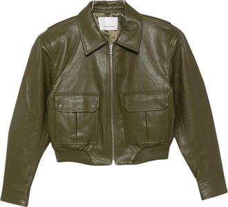 Frankie Shop Cropped Green Leather Jacket With Zip Fastening And Flap Pockets