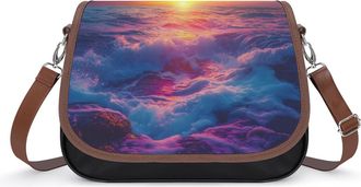 Generic Sunset over The Ocean Crossbody Bag Womens Handbag PU Message Bags Shoulder Purse with Adjustable Strap