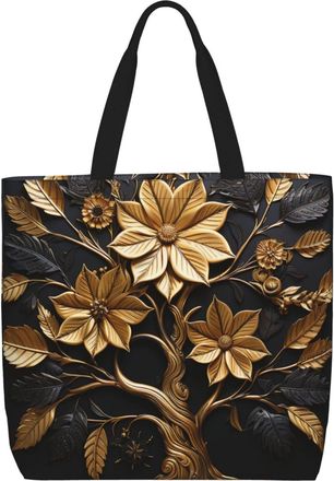 Generic Golden Engraved Tree Grocery Bag Durable Women Handbag Waterproof Shoulder Bags For Camping Beach Travel