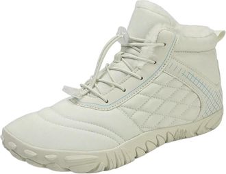 Generic YUJIEBB Minimalist Waterproof Mens Womens Winter Barefoot Hiking Boots, Slip On Warm Zero Drop Snow Boot, Wide Toe Box Ankle Beige White