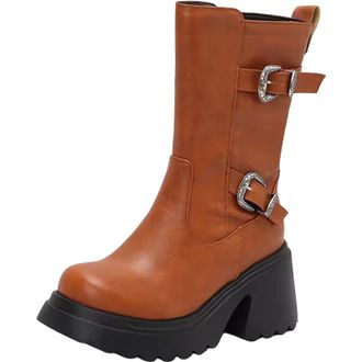Generic Womens Retro Casual Mid Calf Boots Round Toe Super High Block Heel Platform With Side Zipper And Metal Decor