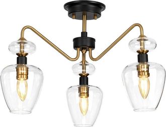 Netlighting Armand 3 Light Semi Flush Aged Brass Glass Shade