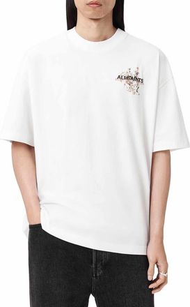 AllSaints Valen Oversize Floral Logo Graphic T-Shirt in Ashen White at Nordstrom, Size Medium