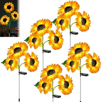 OEM Luces Solares Para Jard&iacute;n: Juego De 5 Luces Led Para Exteriores Con 3 Cabezas De Girasol, Impermeables, De Color Amarillo C&aacute;lido, Para Decorar Su Jard