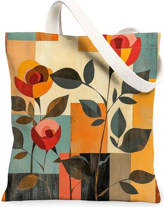 Generic Spring Aesthetic Rose Canvas Tote Bag for Shopping 13x15, Funky Retro Floral Reusable Grocery Print Pattern Bag for Women, Abstract Flower Beach Aesth