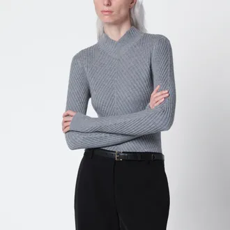 Victoria Beckham Georgia Grey Marl Ribbed Merino Wool Sweater