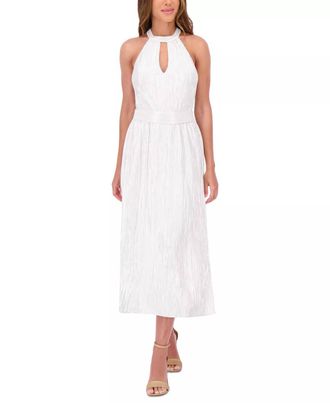 Kensie Metallic Pleated Keyhole-Cutout Maxi Dress In Silver