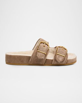 Veronica Beard Prue Shearling-Lined Suede Slide Sandals