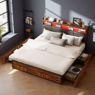 OEM Cama Doble 140x200 - Estilo Industrial - Almacenamiento Con Cajones - Iluminaci&oacute;n Led Inteligente - Negro Mate