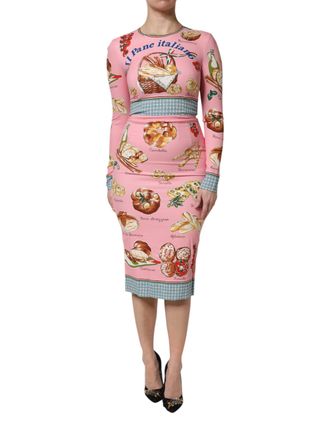 Dolce & Gabbana Womens Pink Pastry Print Bodycon Sheath Midi Dress Silk Elastane