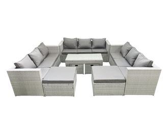 Fimous Outdoor Rattan Garden Furniture Set with Grey Cushions Luxury 13 Seater with Coffee Table For Conservatory, Patio in Light Grey