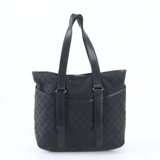 Gucci Black Leather Canvas Handbag Tote Bag (Pre-Owned)