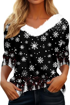 Generic christmas jumpers for women UK Ladies Tops Xmas Jumpers Furry V Neck 3/4 Sleeve Shirts xmas Tree Snowflake Wine Glasses Graphic Tees Casual Holiday Pu
