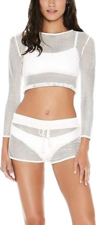 L*Space Women Sarah Long Sleeve Seamless Fit Mesh Cropped Top In White