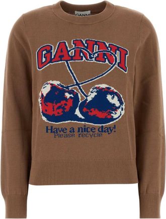 Ganni Beige Graphic Crew Neck Sweatshirt