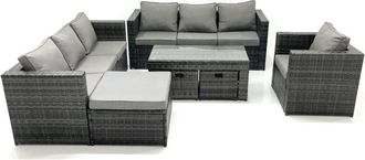 Fimous Fimous Outdoor Garden Furniture Set 10 Seater Rattan Sofa Set with Coffee Table 3 Big Footstools Armchair Dark Grey Mixed