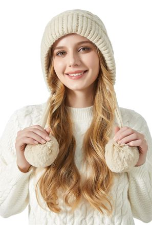 Feoya Winter Beanie Hats for Women Thermal Fleece Lined Knit Hat with Pom Pom Outdoor Ski Crochet Bobble Warm Hat C Beige