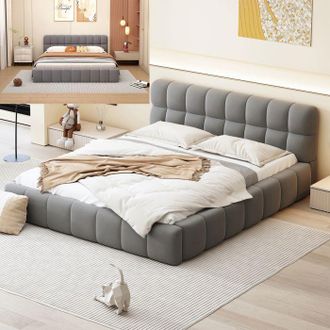 OEM Cama 160x200 Cm Contempor&aacute;nea Gris De Lino Con Somier De Lamas Y Cabecera