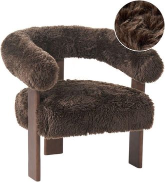 Beliani Armchair Dark Brown Faux Fur Upholstery Retro Design Wooden Legs Living Room ILBRO